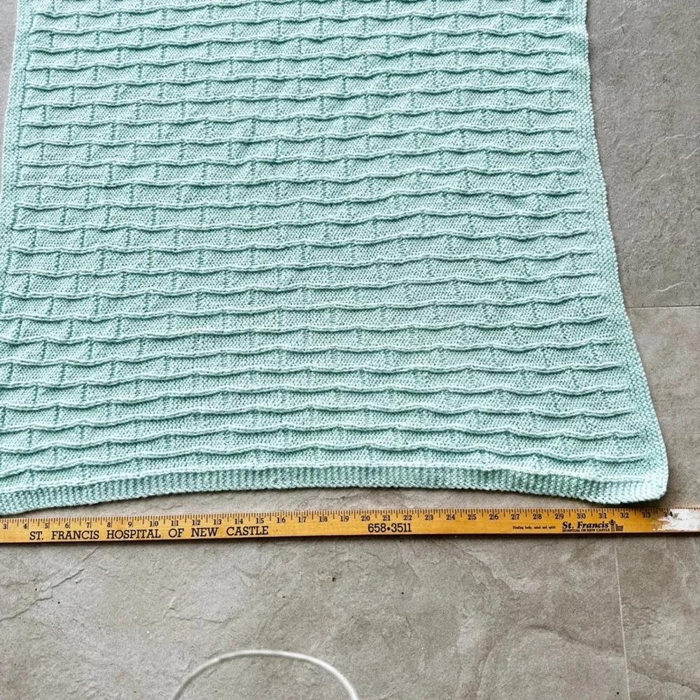 Handmade Mint Green Knit Baby Blanket Basketweave Textured Nursery Throw 33x33